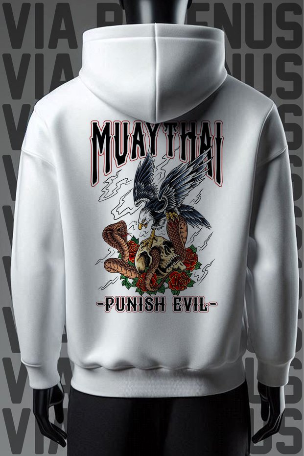 Muay Thai Front and Back Printed 3 Thread Wide Fit White Hooded Sweatshirt