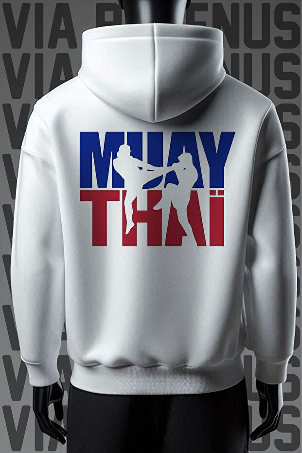 Muay Thai Front and Back Printed 3 Thread Wide Fit White Hooded Sweatshirt