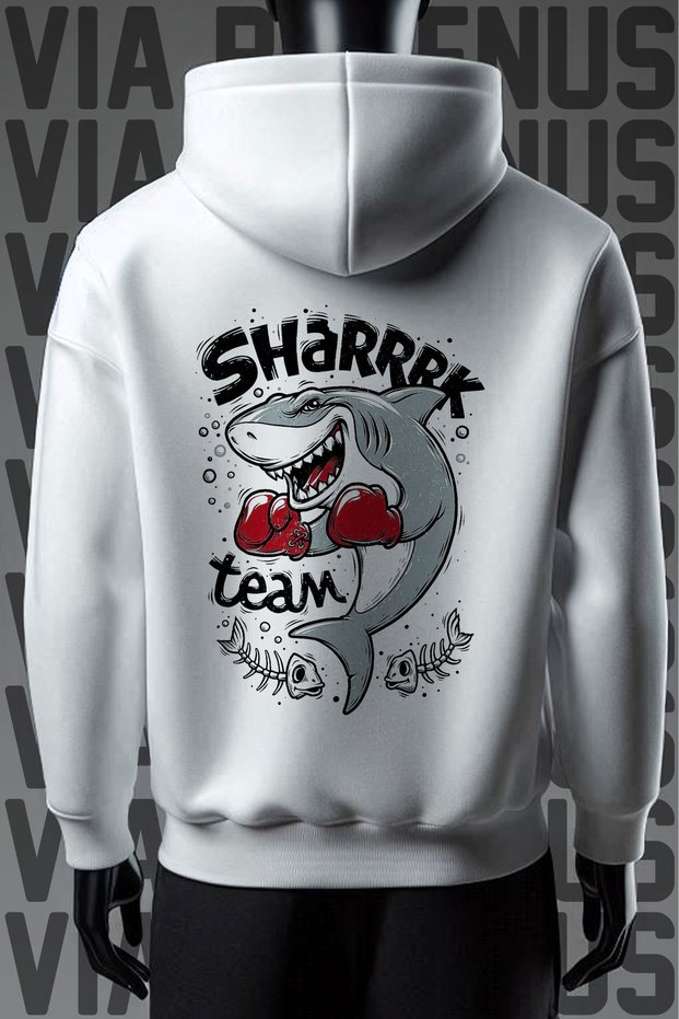 سويت شيرت أبيض بقلنسوة من Shark Team مطبوع من الأمام والخلف بثلاثة خيوط وقصة واسعة
