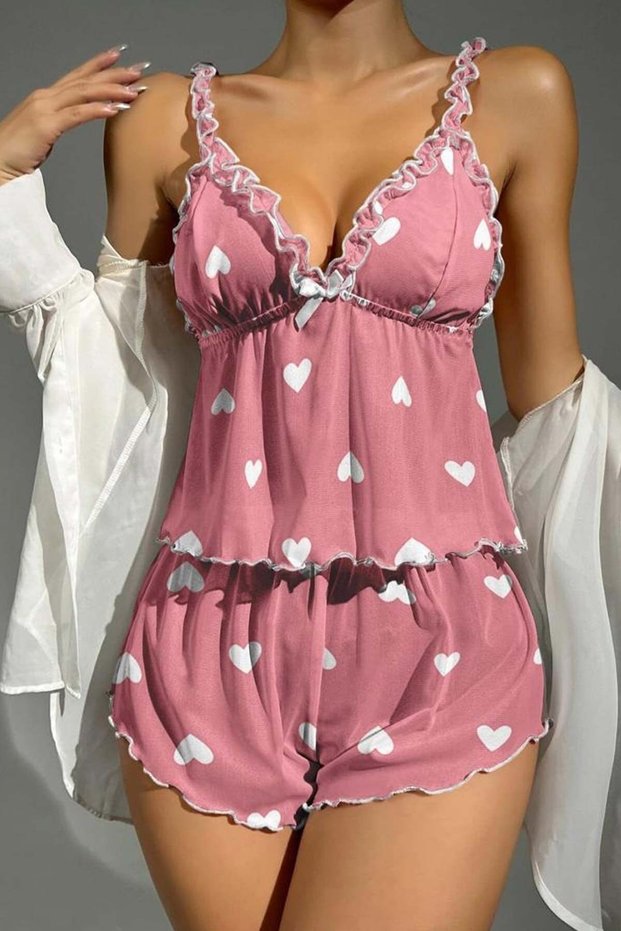 Frill combed pink heart custom design shorts suit 6481