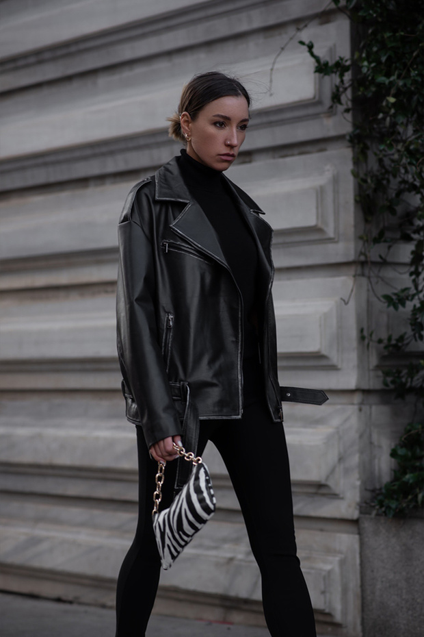 WM031 Kadın Oversize Biker Deri Mont - 1