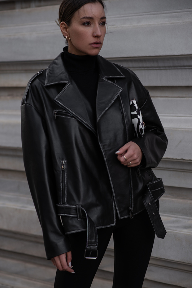 WM031 Kadın Oversize Biker Deri Mont - 2