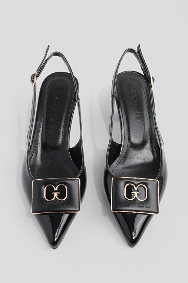 Damen-Schuhe mit spitzer Zehenpartie, Schnalle und offenem Rücken, klassische Schuhe mit Absatz, Elka, schwarzes Lackleder - 8