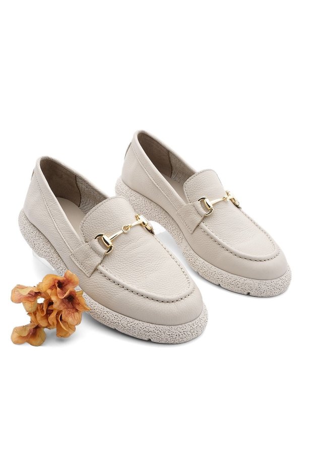 Women's Buckle Leather Loafer Casual Shoes Runet Beige