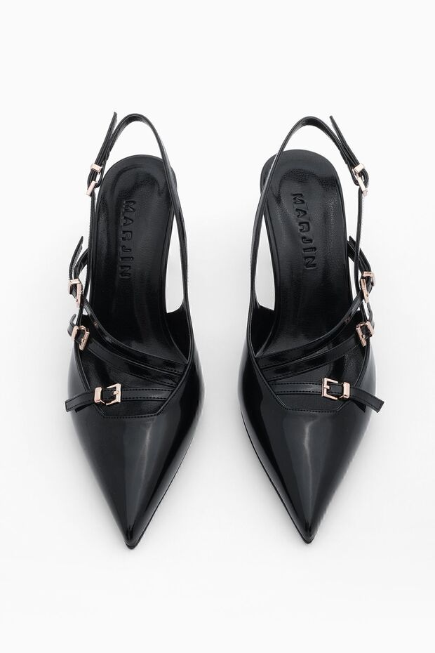 Damen Stilettos mit spitzer Spitze, dreireihigem Gürteldetail, offener Rückseite und Absatz, Bevil, schwarzes Lackleder - 5