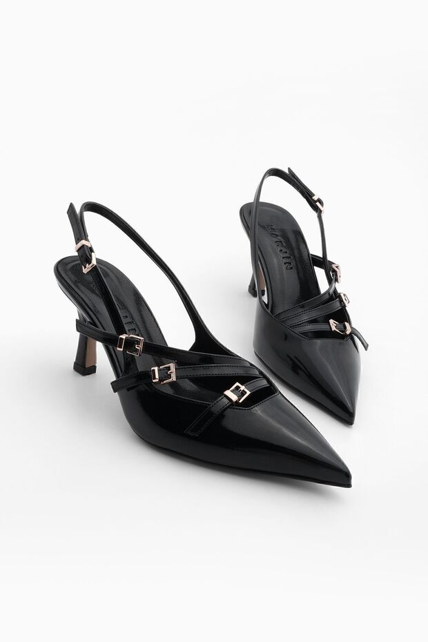 Damen Stilettos mit spitzer Spitze, dreireihigem Gürteldetail, offener Rückseite und Absatz, Bevil, schwarzes Lackleder - 1
