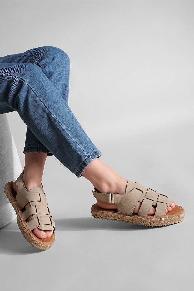 Damen Alltagssandalen Strohsohle Klettverschluss Kunle Beige - 2