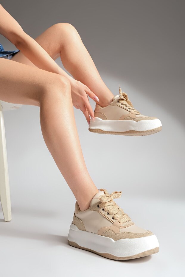 Damen-Sneaker mit hoher Sohle zum Schnüren, Sportschuhe Tonbes Beige - 2