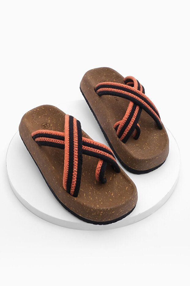 Damen Flip Flops mit Korksohle und gemustertem Baumwollseil, mit Kreuzband, Alltags-Hausschuhe, Meyse Orange - 1