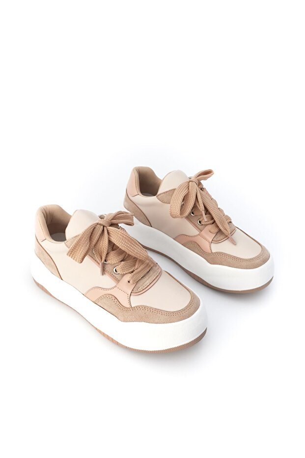 Damen-Sneaker mit hoher Sohle zum Schnüren, Sportschuhe Tonbes Beige - 5