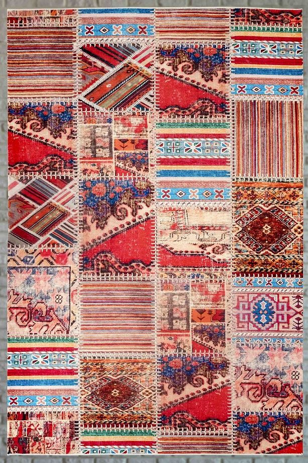 Patchwork Desenli Yıkanabilir Kaymaz Taban Şönil Kırmızı Mutfak Halısı 4002 - 6