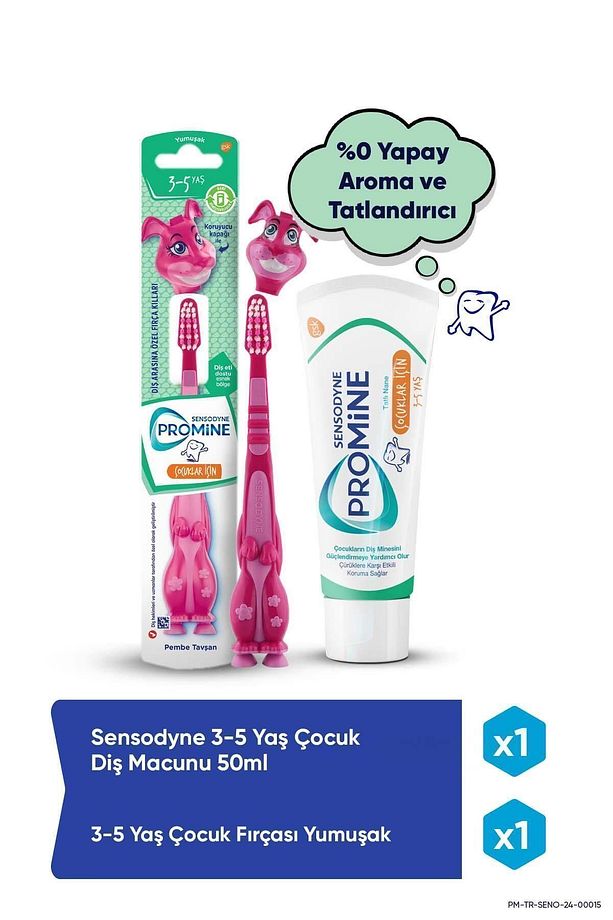 Promine 3-5 Yaş Çürüklere Karşı Koruyan Çocuk Diş Macunu 50ml+Tavşanlı Yumuşak Diş Fırçası - 1