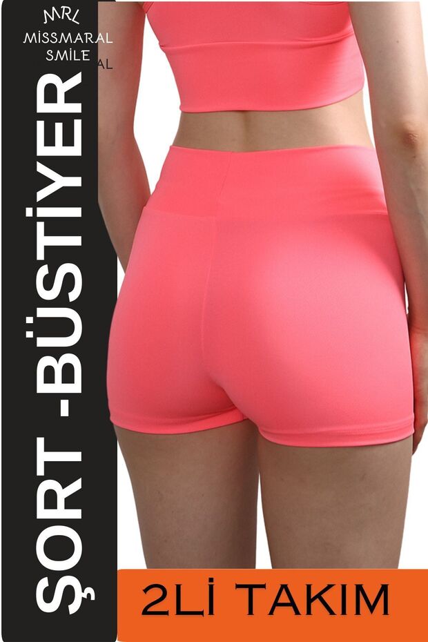 Women's Neon Pink High Waist Mini Shorts Boxer & Padded Rope Strap Bustier Sports Set 3080