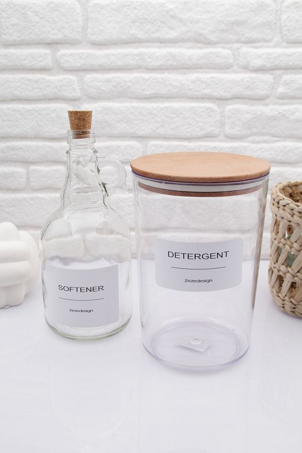 Ahşap Kapaklı Toz Deterjan Kavanozu / Kutusu 2300ml Ve Yumuşatıcı Şişesi Mantar Kapak 1000ml - 2