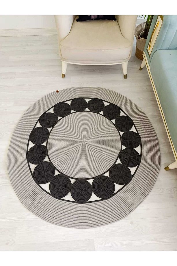 jüt Hasır görünümlü Desenli Modern El Örgüsü daire Halı Kilim - 3