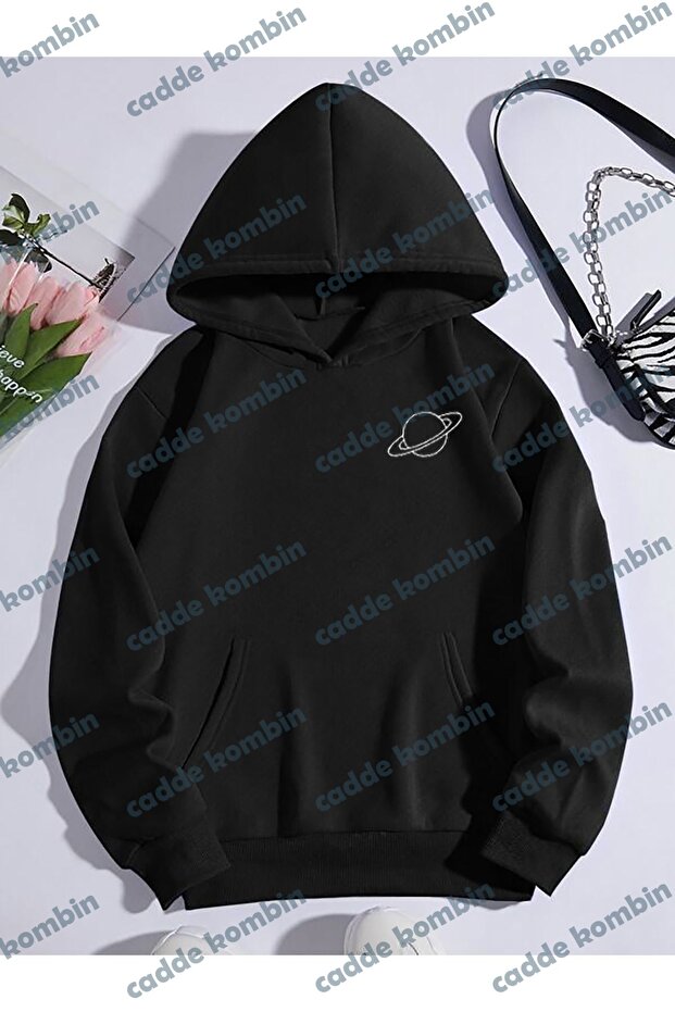 Unisex Black Saturn Graphic Printed Hoodie