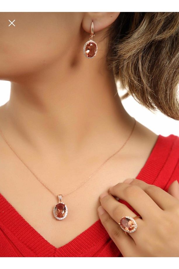 Kadın Rose Kaplama Zultanit Taşlı Oval Gümüş Üçlü Set - 1