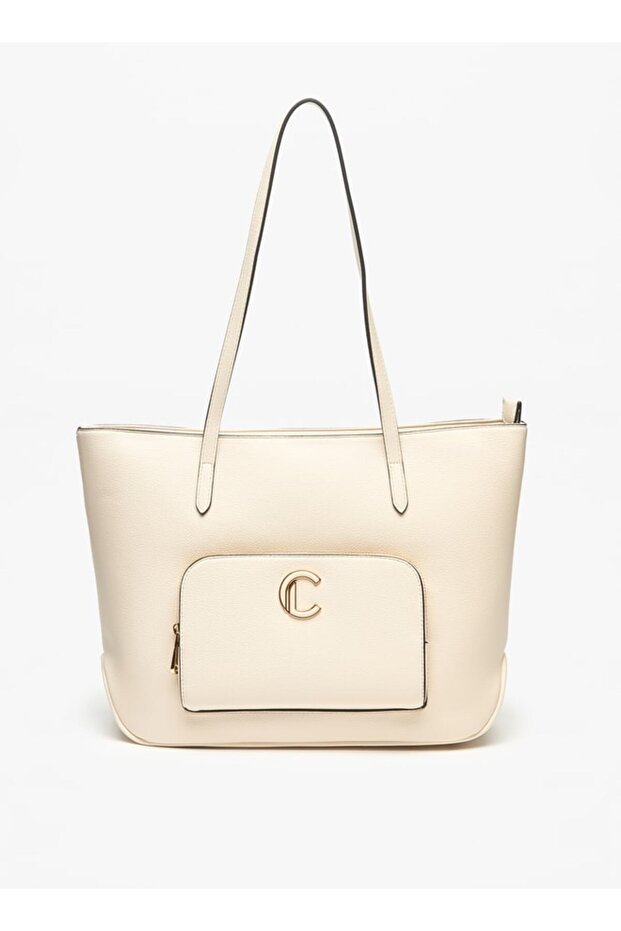 Solid Tote Bag with Front Pocket and Zip Closure - W 12 x H 26 x D 30 cm