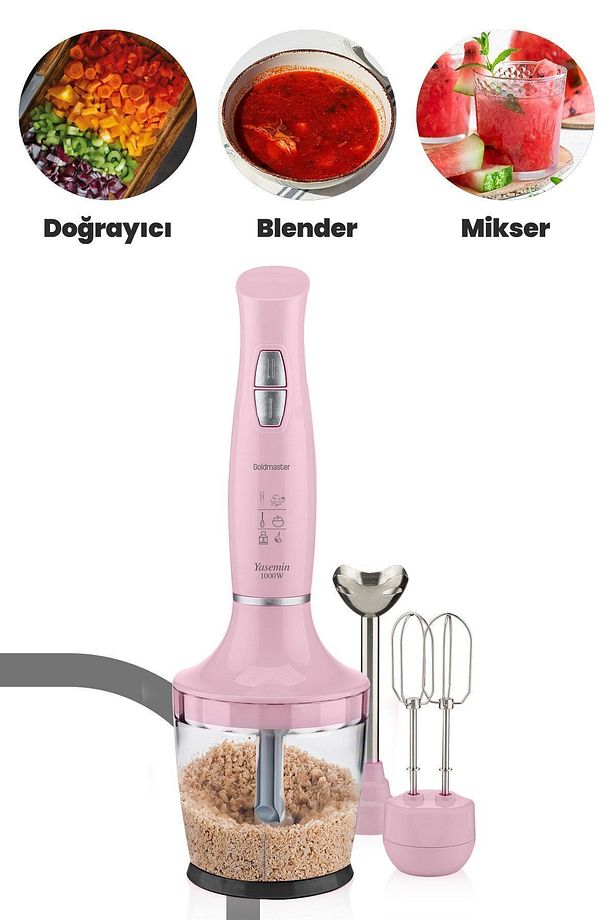 Yasemin 1000 Watt Sessiz Hız Ayarlı 3 In 1 Doğrama Karıştırma Blender Seti Pembe - 3