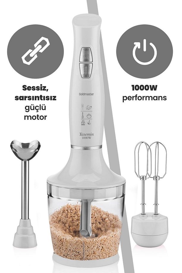 Yasemin 1000 Watt Sessiz Hız Ayarlı 3 In 1 Doğrama Karıştırma Blender Seti Beyaz - 3