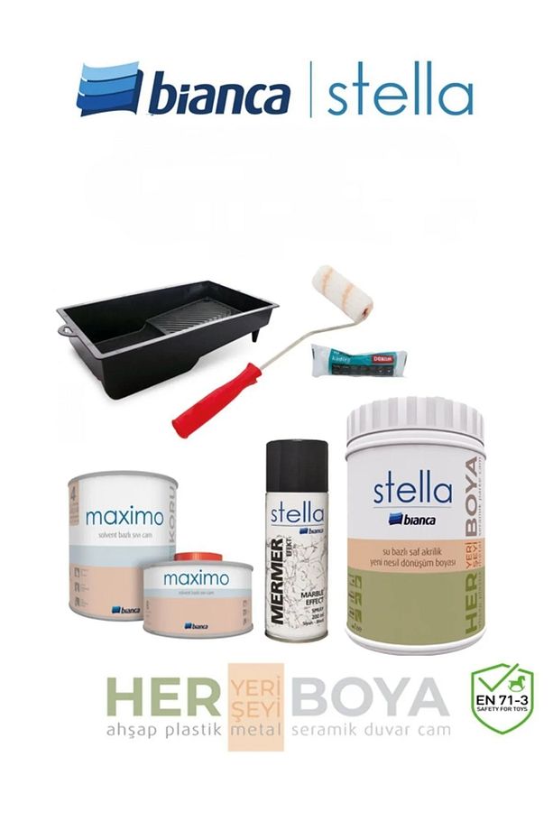 Stella Set 1 Lt - Beyaz Boya + Siyah Mermer Effekt Sprey + Maximo Sıvı Cam Parlak - 1
