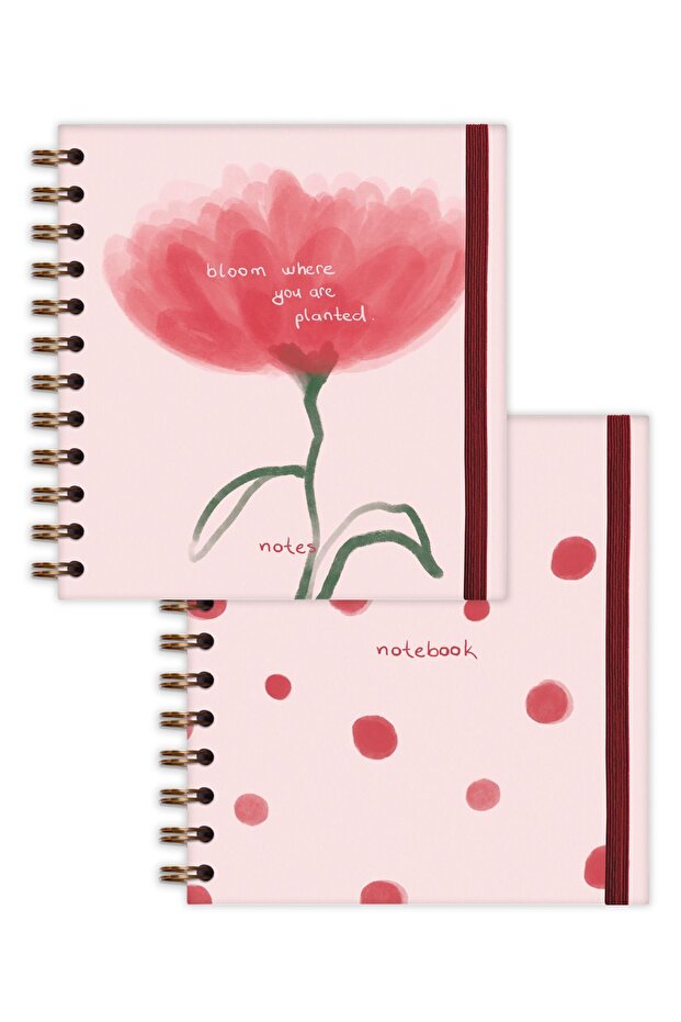 طقم مكون من قطعتين بمظهر مربع مقاس 15 × 15 سم - مفكرة غير مؤرخة مخططة حلزونية ونقاط زهور - 6