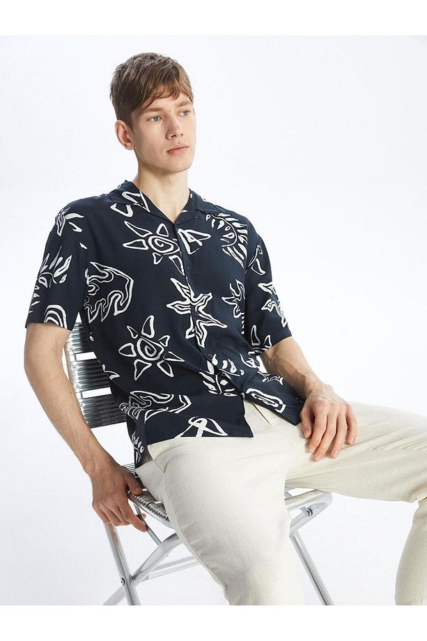 XSIDE Lacivert Baskılı Regular Fit Kısa Kollu Desenli Poplin Erkek Gömlek - 1