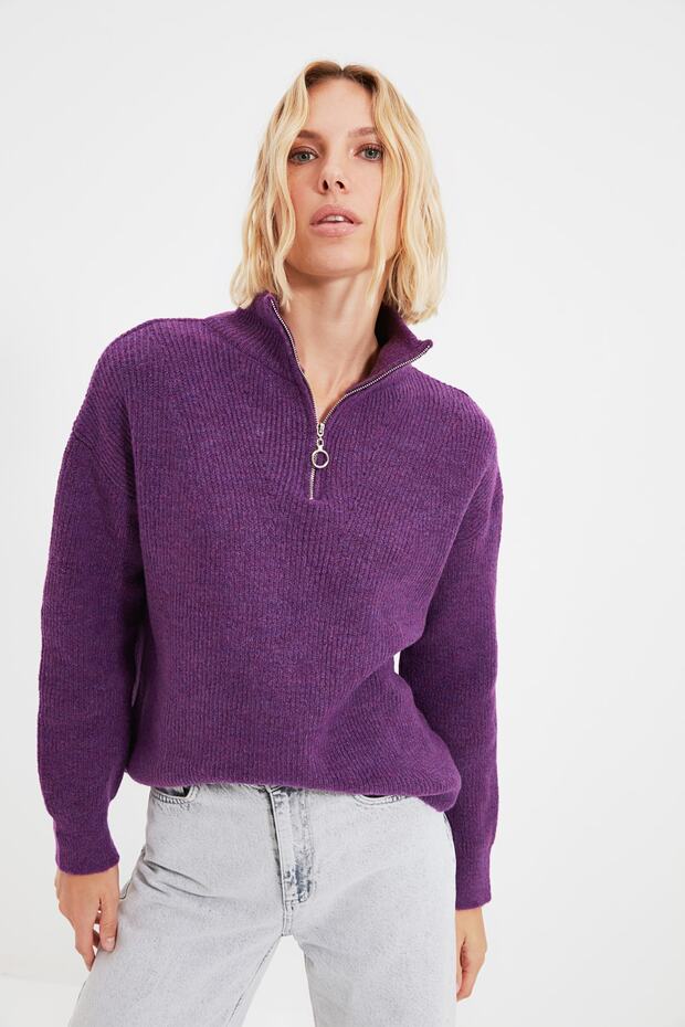 Hellvioletter Strickpullover mit weicher Struktur und Reißverschluss TWOAW20XS0009 - 12
