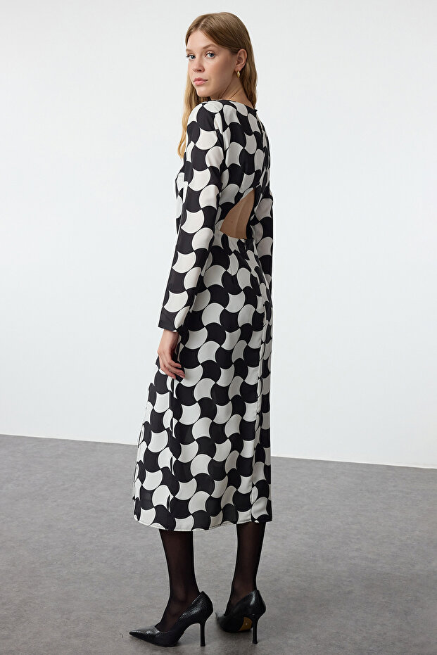 Limited Edition Siyah Geometrik Desenli Düz Kesim Midi Dokuma Elbise TWOAW25EL00290 - 10