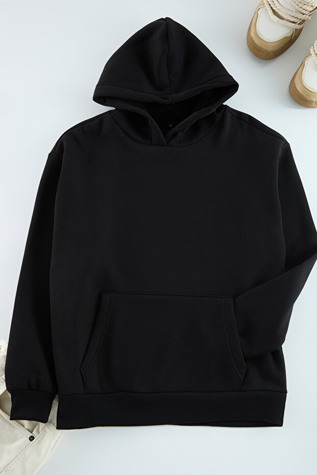 Siyah Oversize/Geniş Kesim Sırt Baskılı Kapüşonlu Sweatshirt TMNAW25SW00112 - 7