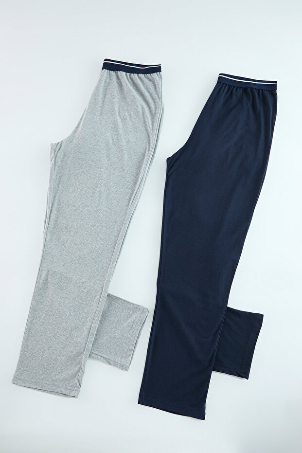 Erkek Lacivert - Gri Melanj 2 li Örme Unisex Pijama Altı Eşofman TMNAW25PJ00016
