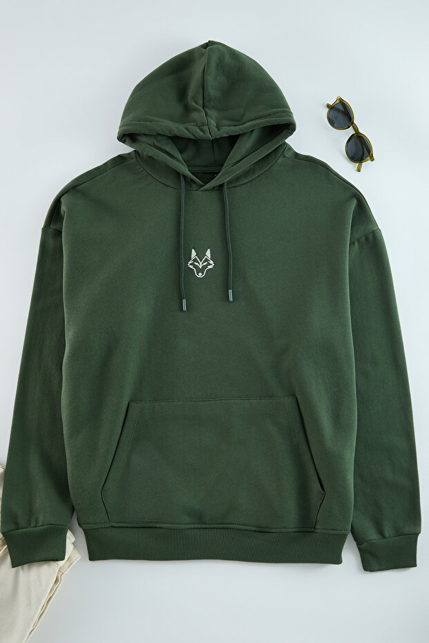 Haki Oversize/Geniş Kesim Kapüşonlu İçi Polarlı Kurt Nakışlı Sweatshirt TMNAW24SW00018 - 2