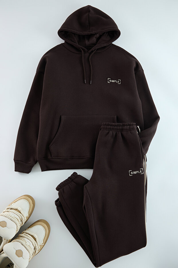 Kahverengi Oversize/Geniş Kesim Kapüşonlu Nakışlı İçi Polar Sweatshirt Eşofman Takım TMNAW24EM00000 - 3