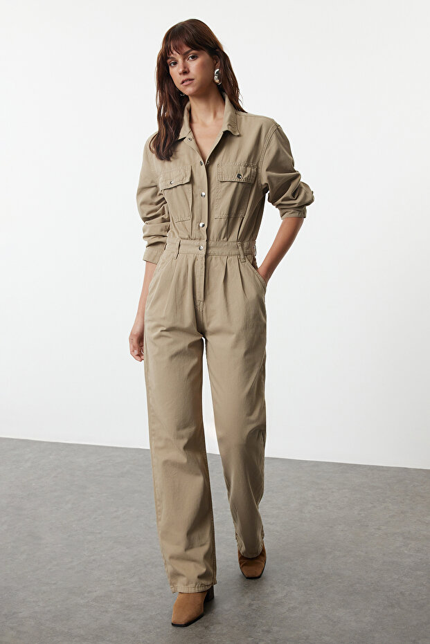 Khaki Pocket Detailed Pleated Denim Jumpsuit Twoaw25Tu00015
