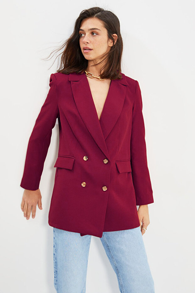 Bordo Oversize Astarlı Düğmeli Dokuma Blazer Ceket TWOAW22CE0167 - 2