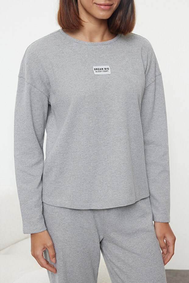 Komplet piżamowy z dzianiny Waffle Fabric Grey Melange - z metką z hasłem Thmaw25Pt00022 - 4