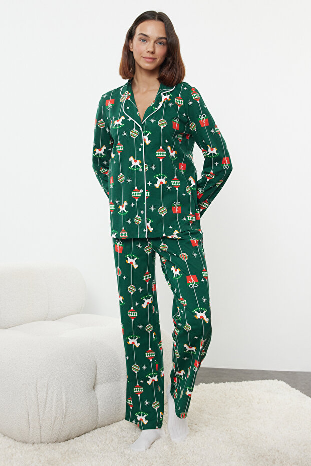 Yeşil %100 Pamuklu Yılbaşı Temalı Örme Pijama Takımı THMAW25PT00172 - 2