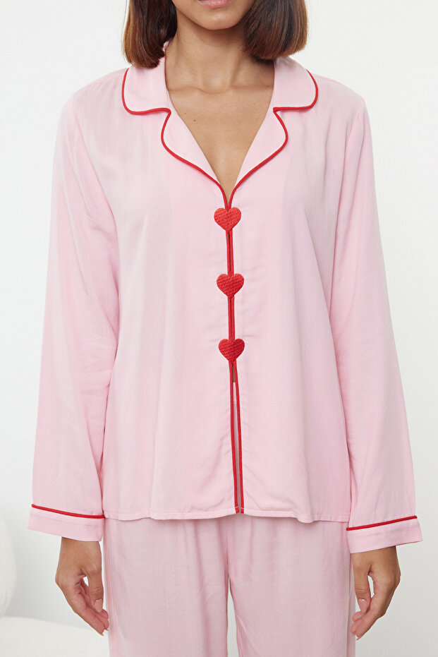 Pembe Kalp Nakışlı Biyeli Viskon Dokuma Pijama Takımı THMAW25PT00179 - 3
