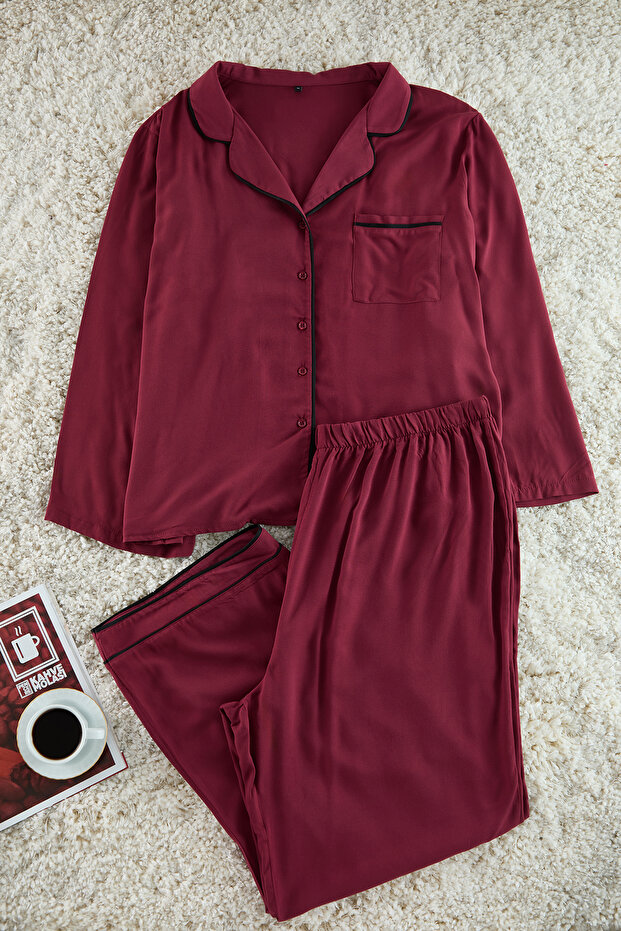 Bordo Biyeli Gömlek Yaka Dokuma Pijama Takımı TBBAW23AI00014 - 2