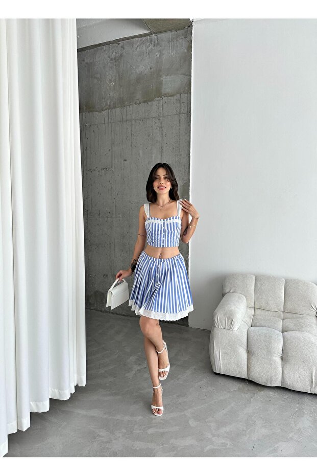 Blue Striped Zero Sleeve Shirt and Shorts Skirt Set