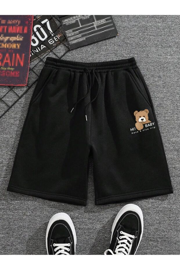 Teddy Bear Printed Oversize Loose Cut Summer Shorts - Black Gray Summer Bottom Combed Cotton Shorts