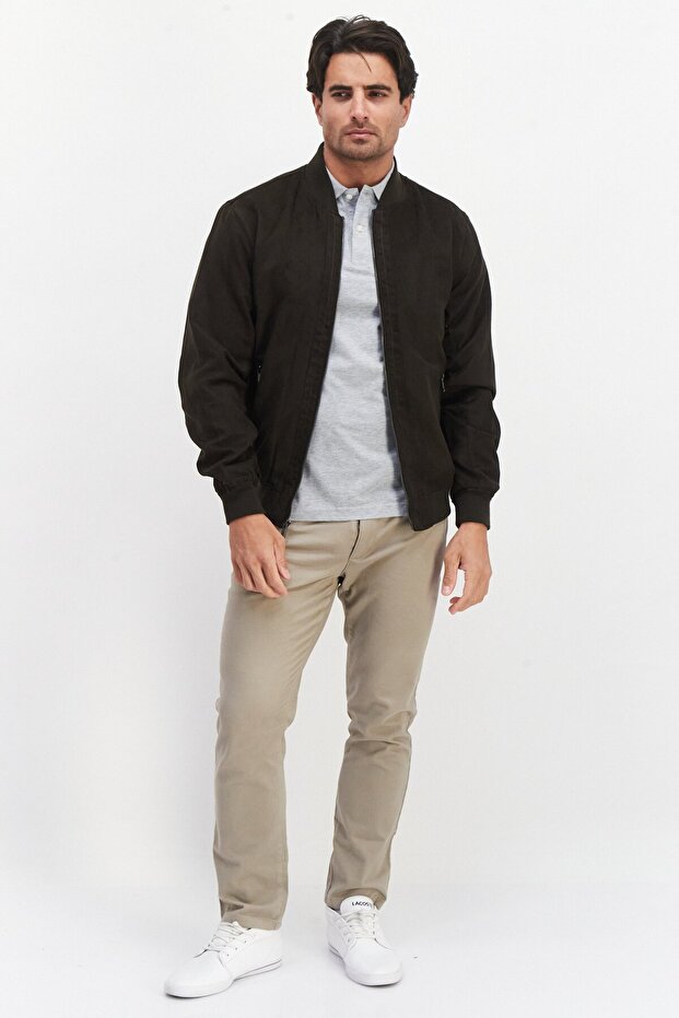 Men Micro Suede Bomber Jacket, Charcoal - 3