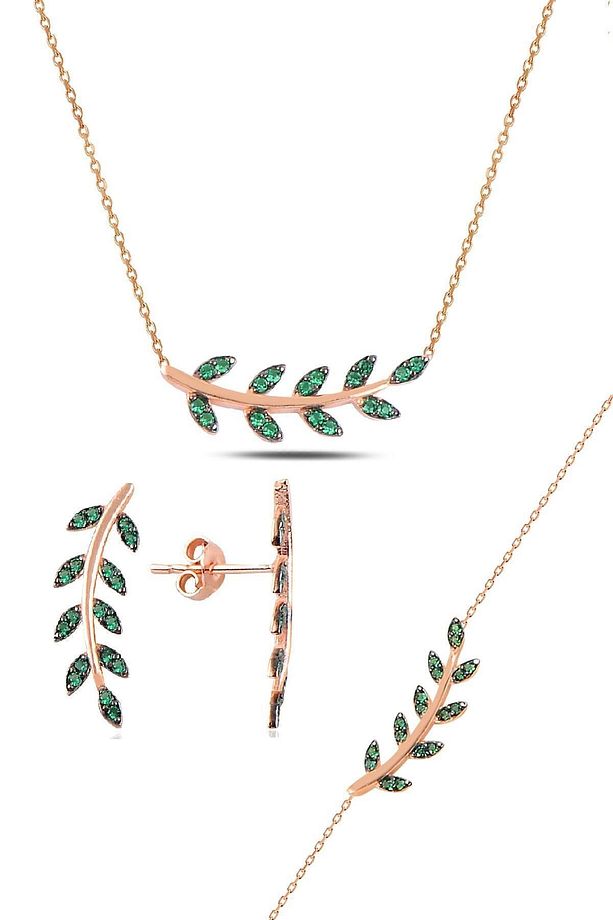 Gümüş Rose Yeşil Taşlı Yaprak Üçlü Set Sgtl10586yesıl - 1