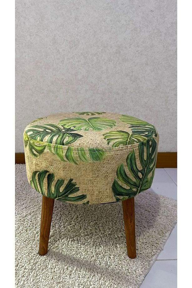 Hasır Desenli Puf Bench Ahşap Ayaklı Dekoratif Yaprak Desenli Puf Bench - 7