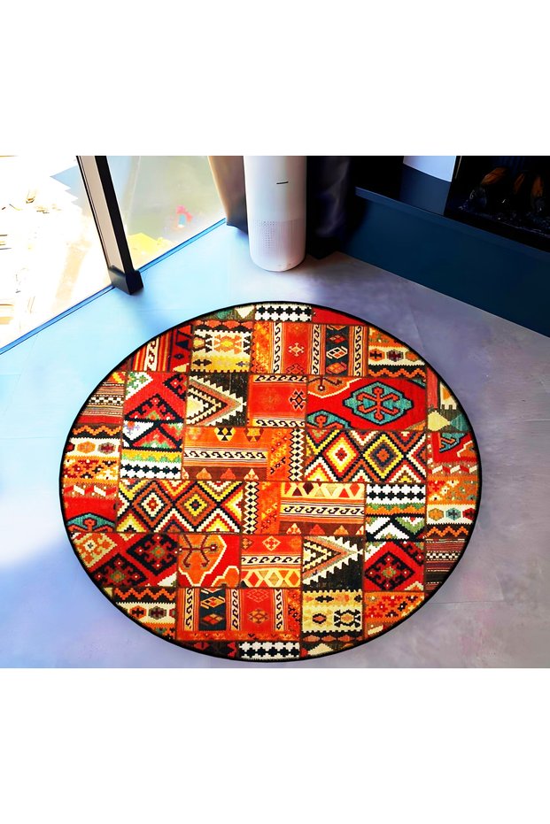 Mira Round Multicolor Patchwork Ethnic Pattern Woven Base Modern Decorative Carpet 5792