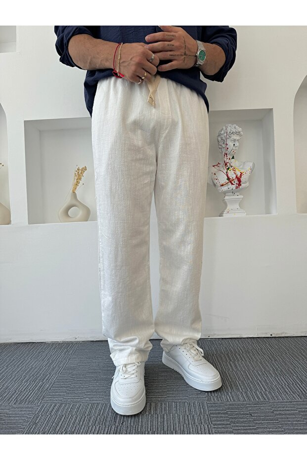 Beyaz GG Baskılı Baggy Keten Pantolon - 5