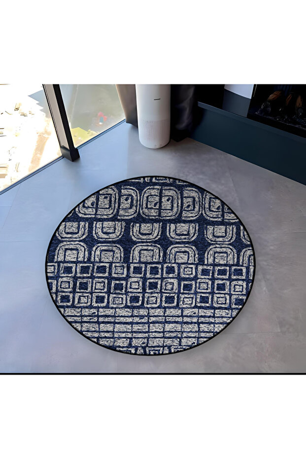 Navy Blue Themed Geometric Patterned Round Woven Base Modern Decorative Carpet 6130