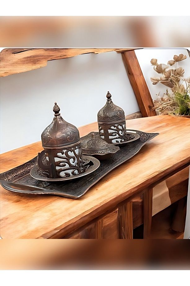 Bakır Fincan Takımı Gümüş - Bakır Osmanlı Desenli Motifli Türk Kahvesi Kahve Fincanları - 2