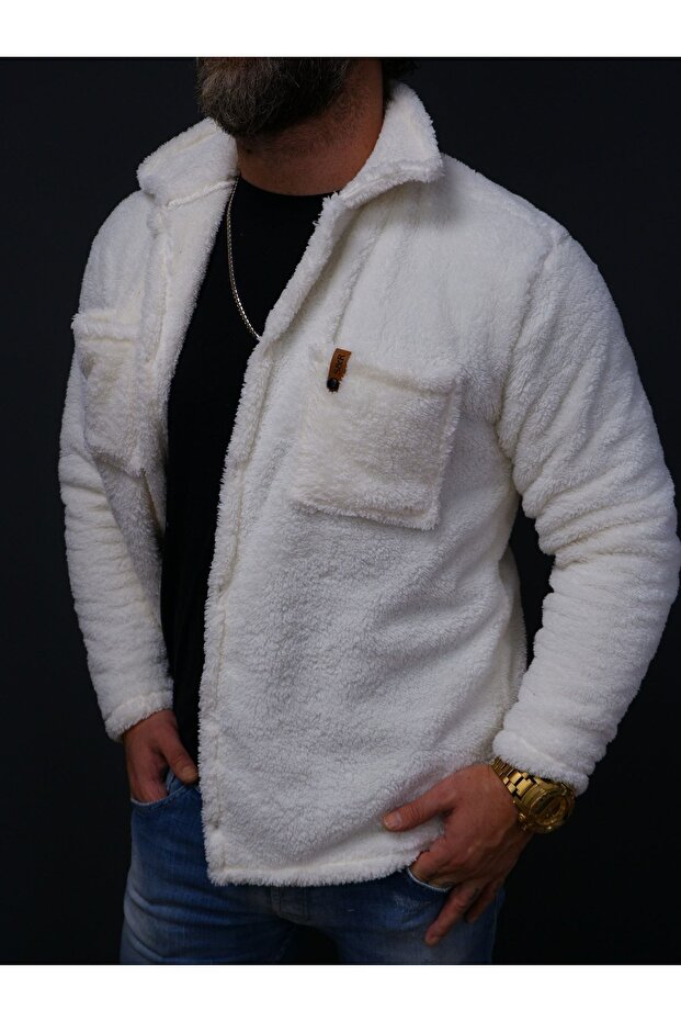 White Plush Chest Leather Labeled Jacket with Buttons