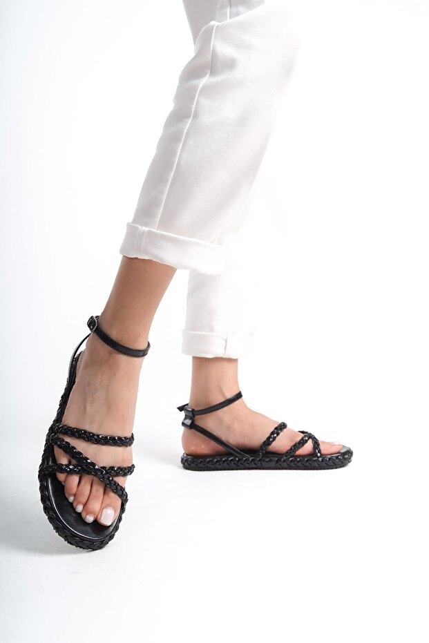 Women's Three Twist Pattern Striped Shiny Black Comfortable Low Flat Sole Summer Women's Black Sandals Slippers